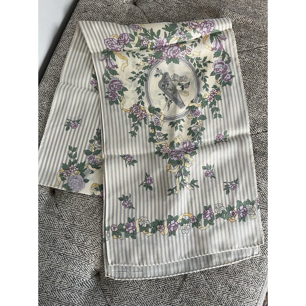 Ginnie Johansen Silk Scarf MCM Vintage Rose Cream Blue Pink Harp Flower Japan